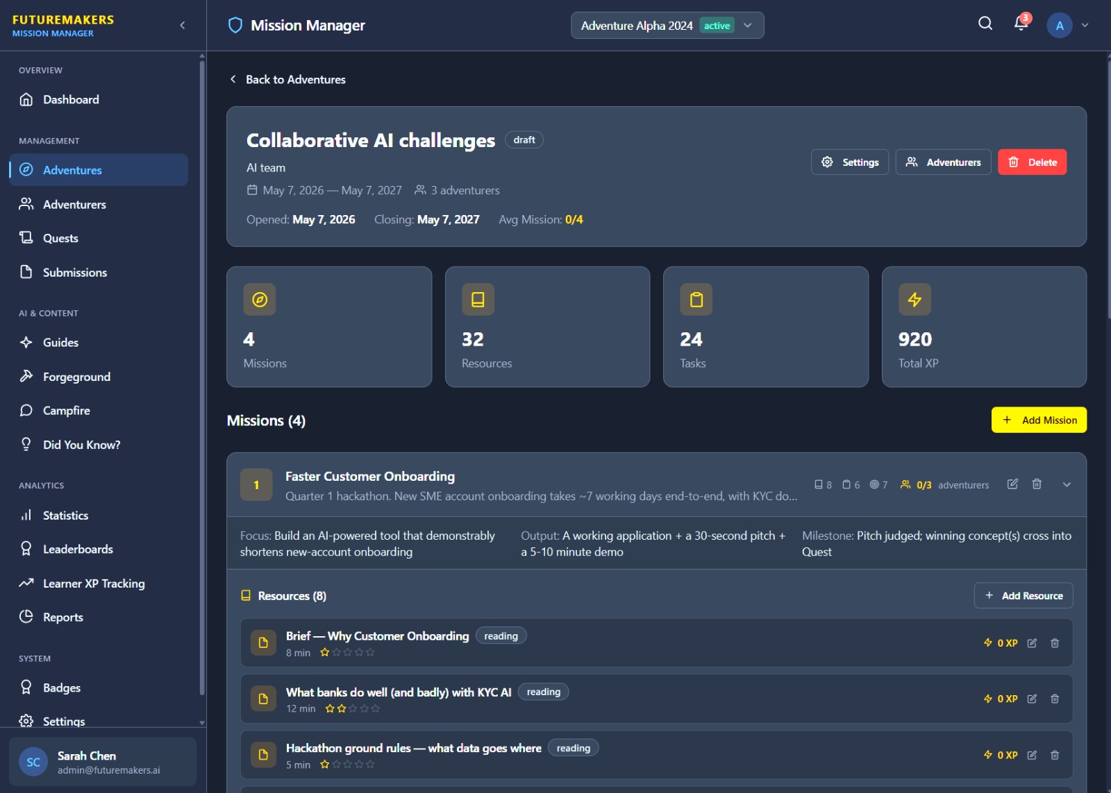 Mission Manager — Collaborative AI Challenges. Four missions, 32 resources, 920 total XP. Mission 1 detail: Faster Customer Onboarding.